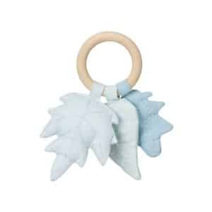 Blue leaves rattle for baby with natural wooden ring