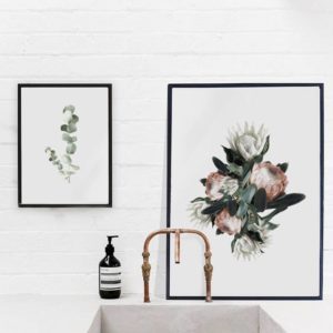 Linn Wold floral art prints in bathroom
