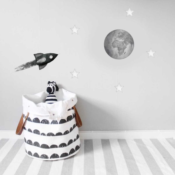 Grey Earth kids' wall sticker in nursery with rocket and star decals