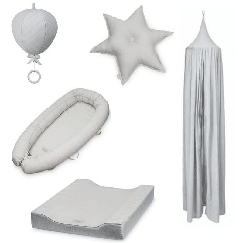 Neutral nursery scheme with dot grey cot canopy star cushion baby nest balloon mobile and changing pad