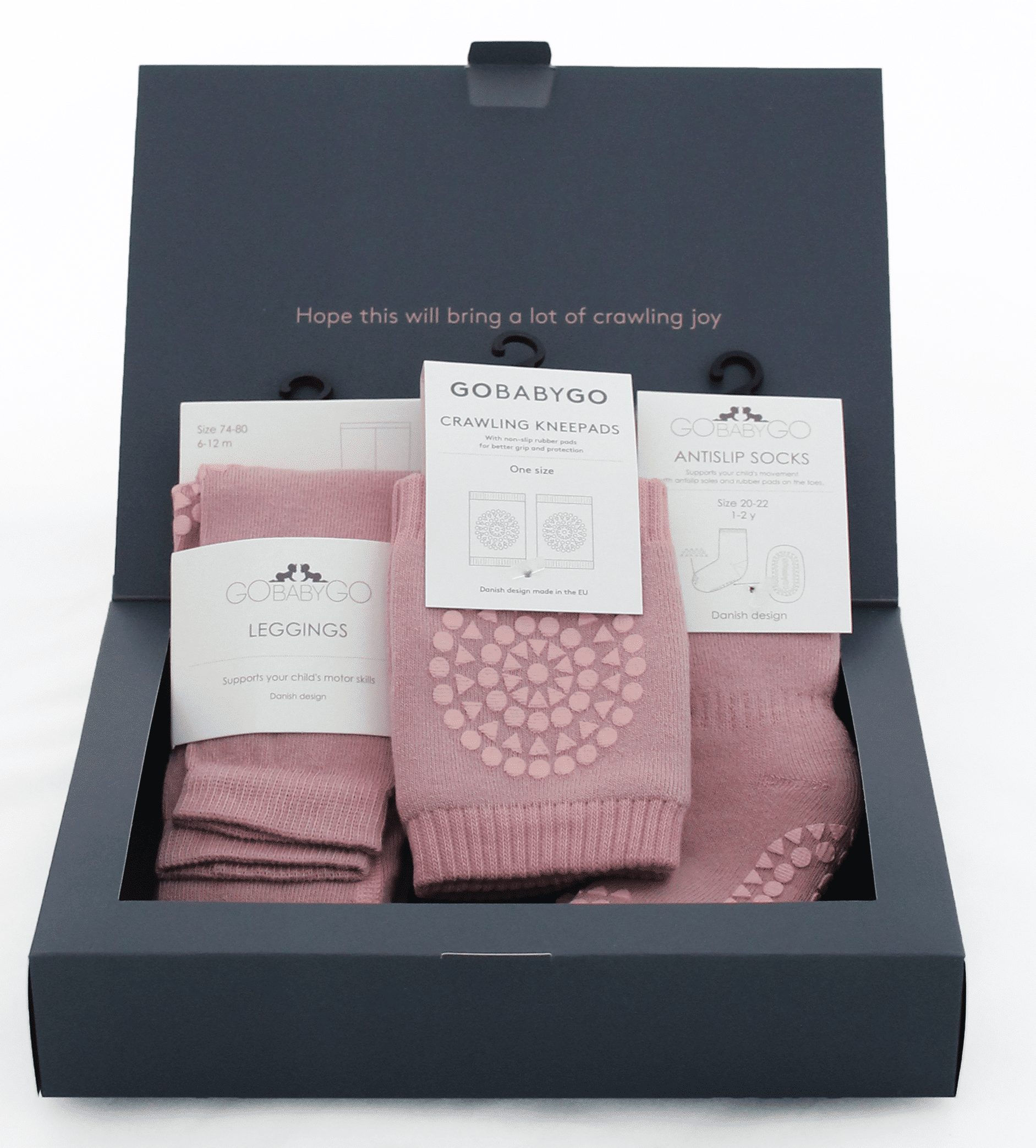 GoBabyGo gift set with traction tights, anti-slip socks, baby kneepads