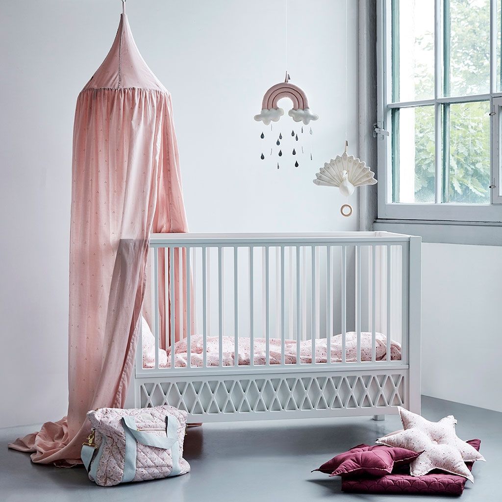 Cam Cam nursery canopy dot blossom pink in nursery with cot and baby mobiles