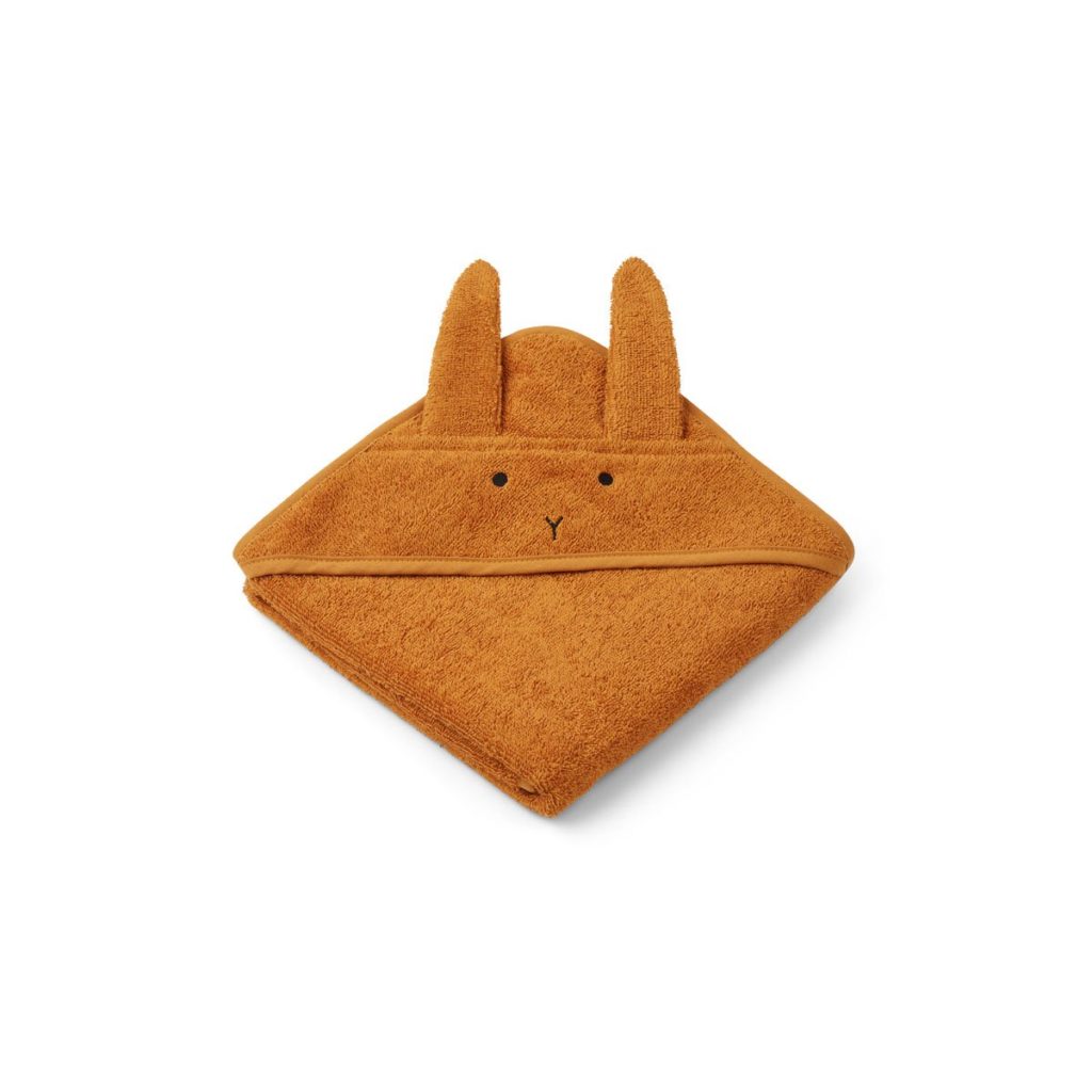 Hooded baby towel with bunny ears in mustard