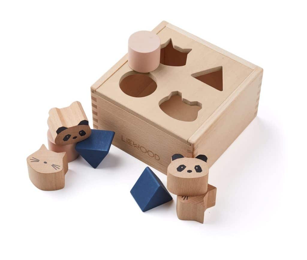 wooden toy shape sorter box with shapes