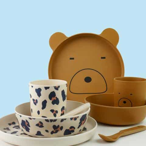 2 kids plate sets - brown bear plate, cup, spoon and bowl and leo plate, bowl, cup, spoon