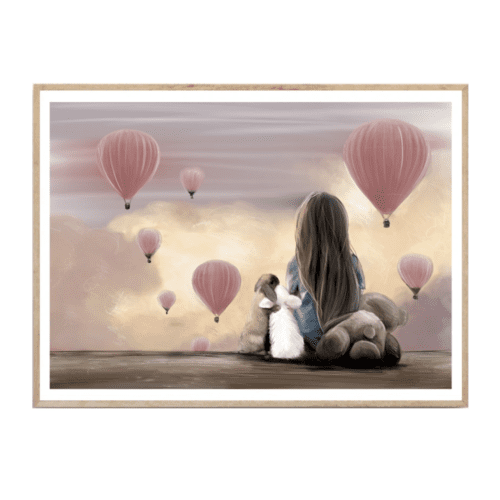 Nursery wall print girl sitting watching pink hot air balloons with two hugging rabbits