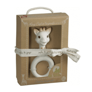 giraffe shaped baby ring teether in gift box with ribbon tied around it